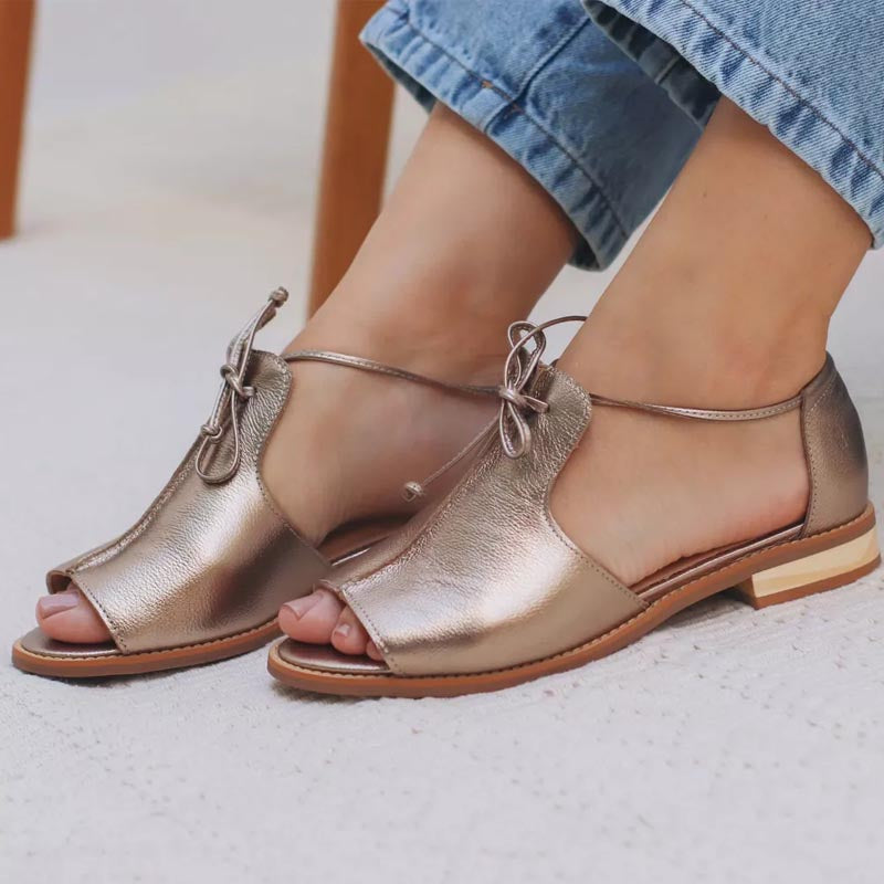 Stella | Women's Flat Metallic Open-Toe Sandals with Bow Tie Strap