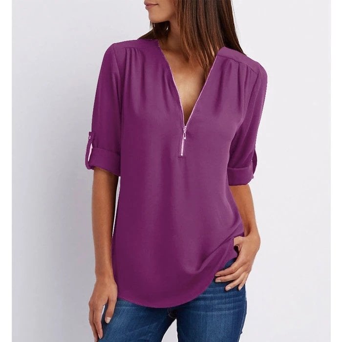 Rosé | Women's Casual Zip-Up V-Neck Blouse with Half Sleeves