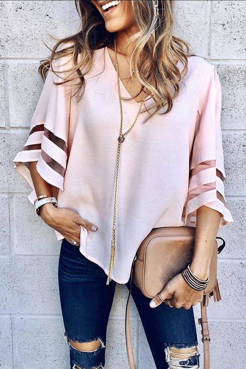 Celeste | Women's V-Neck Blouse with Bell Sleeves and Mesh Panel Accents