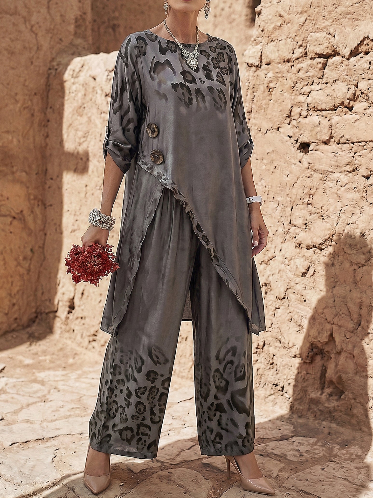 Printed Tunic Top & Wide-Leg Pants Set