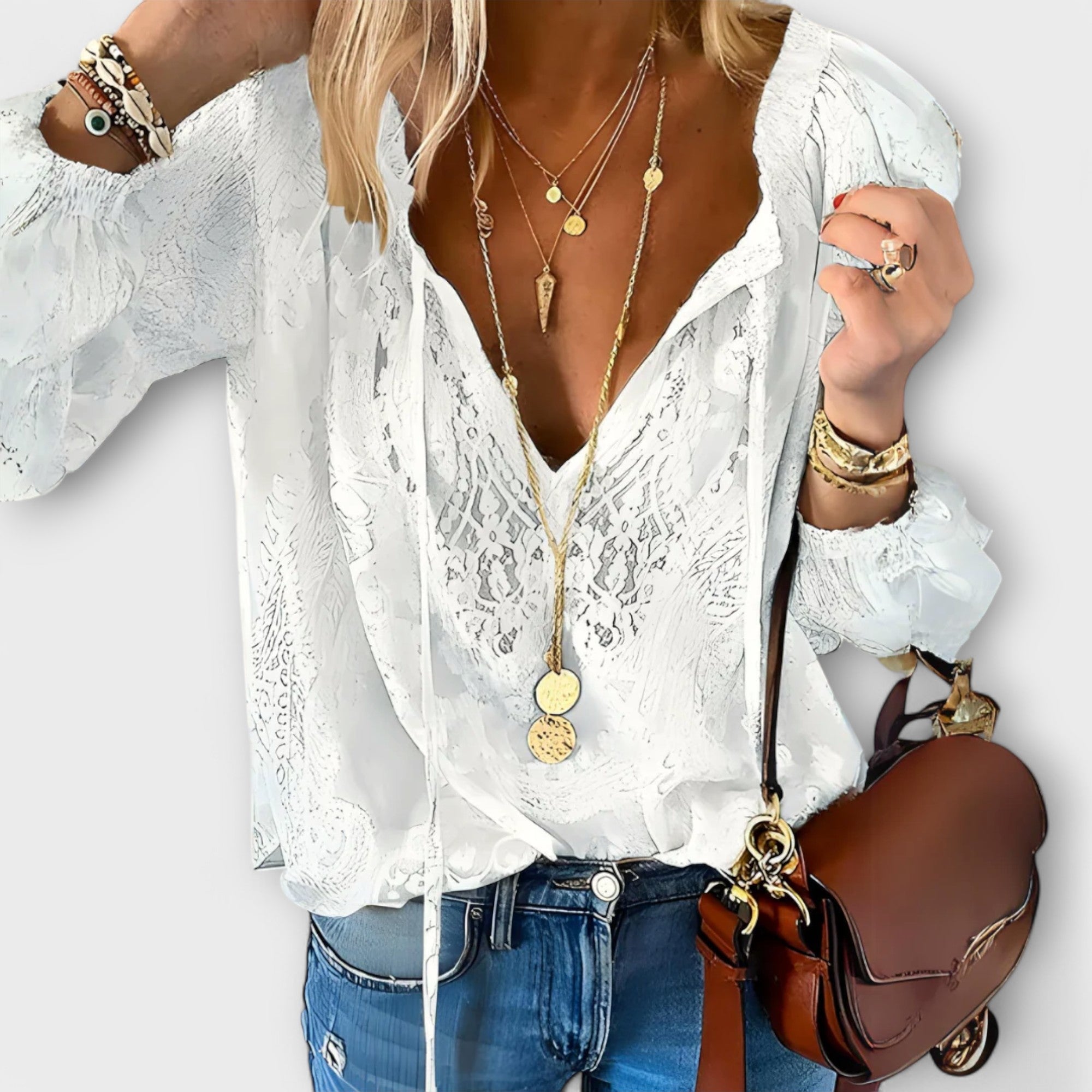 Zeleste | Boho Long Sleeve Blouse with Lace V-Neck for Women