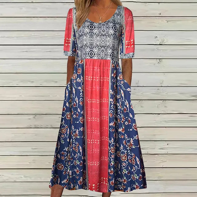 Janine™ Bohemian Print Dress with Round Neck