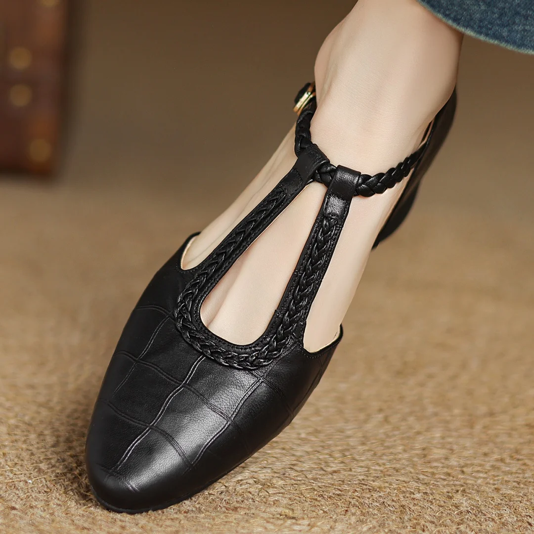 Margot | Women's Pointed Toe Leather T-Strap Mary Jane Flats