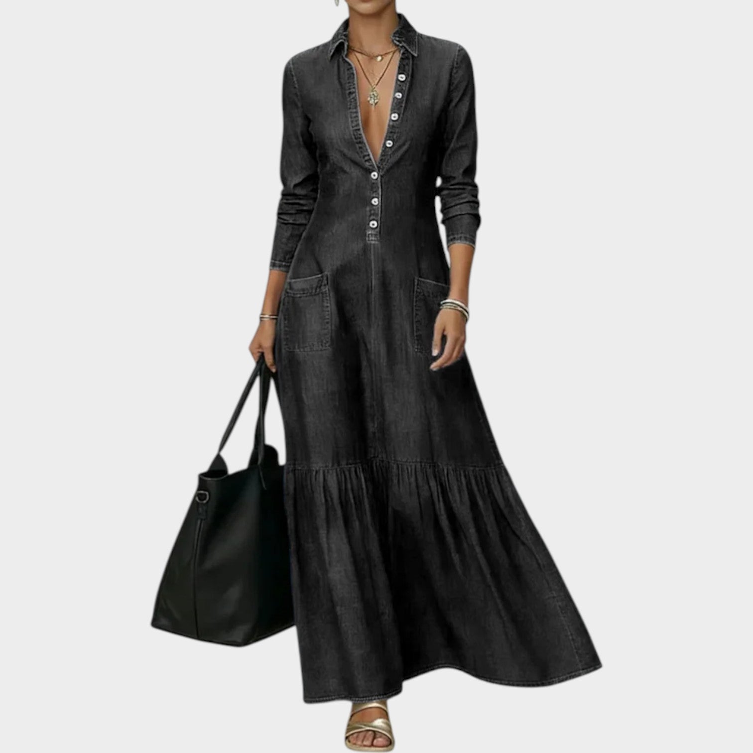 Flattering Button-Front Denim Maxi Dress
