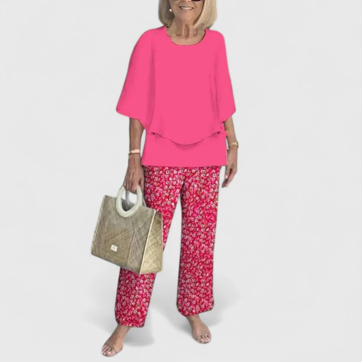 Fern | Women's Floral Print Casual Top & Wide-Leg Pants Ensemble