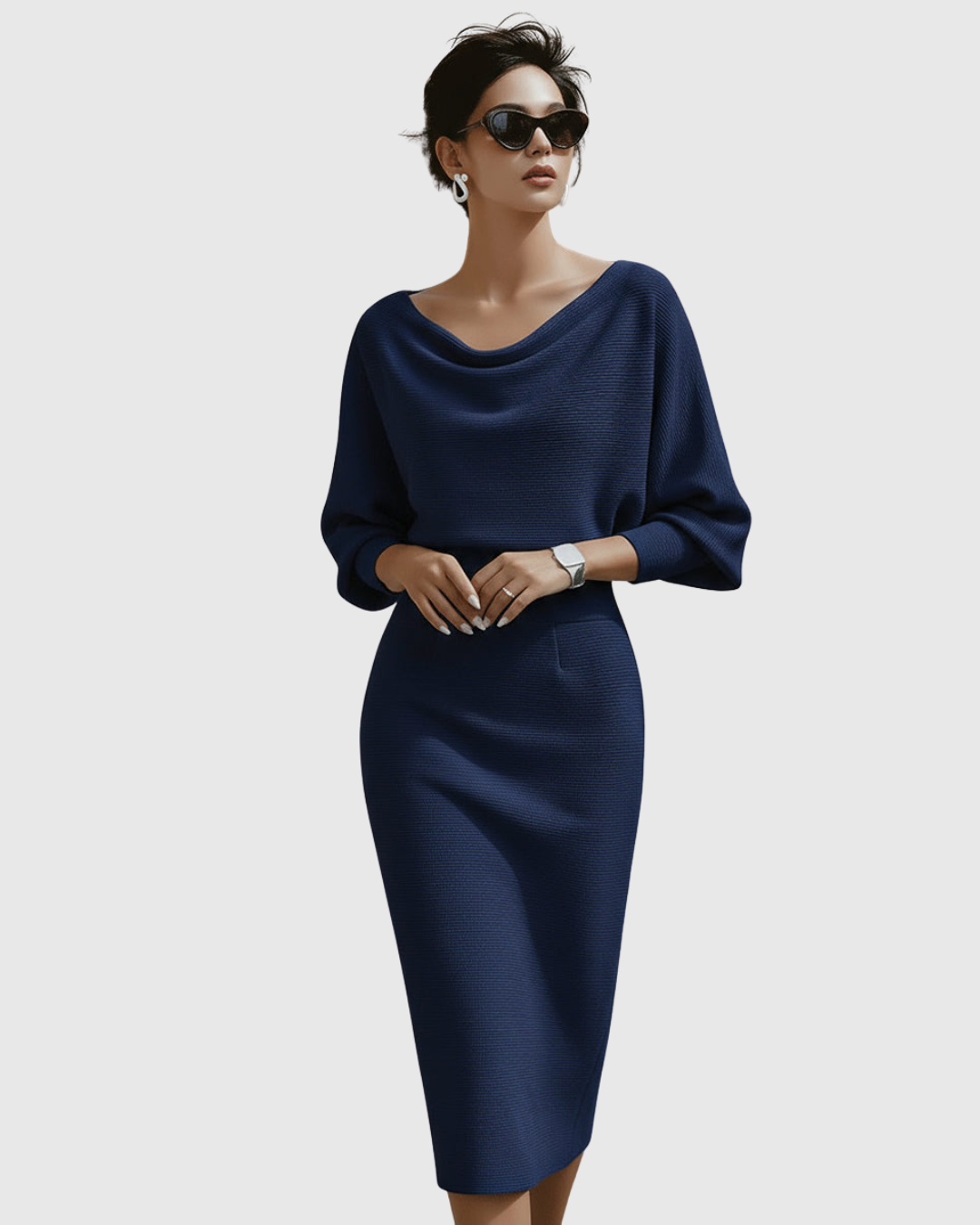Vivienne | Women's Ribbed Midi Dress with Cowl Neck and Batwing Sleeves