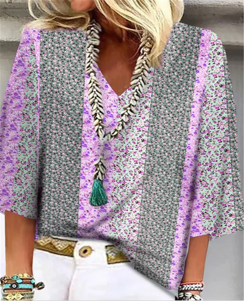 Mosaic | Women's V-Neck 3/4 Sleeve Top with Ditsy Floral Patchwork