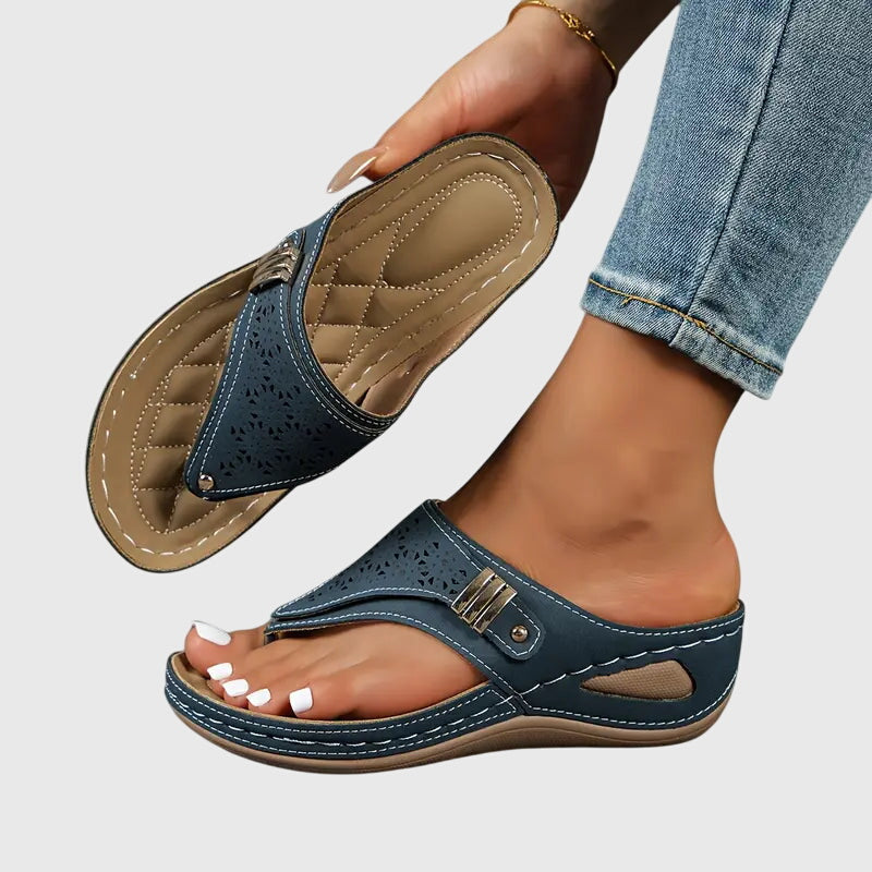 Cleo | Women's Laser Cut Detail Wedge Sandals with Toe Loop