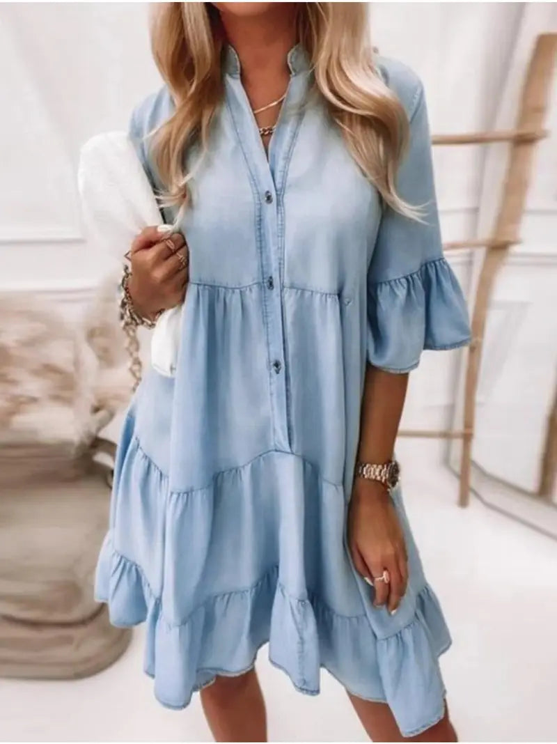 Billie | Women's Button-Down Casual Mini Dress with Tiered Ruffles