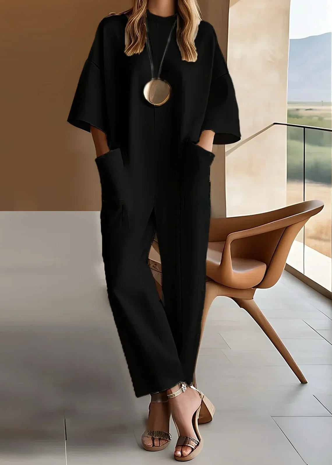 Aria | Women's Crew Neck Short Sleeve Wide Leg Jumpsuit