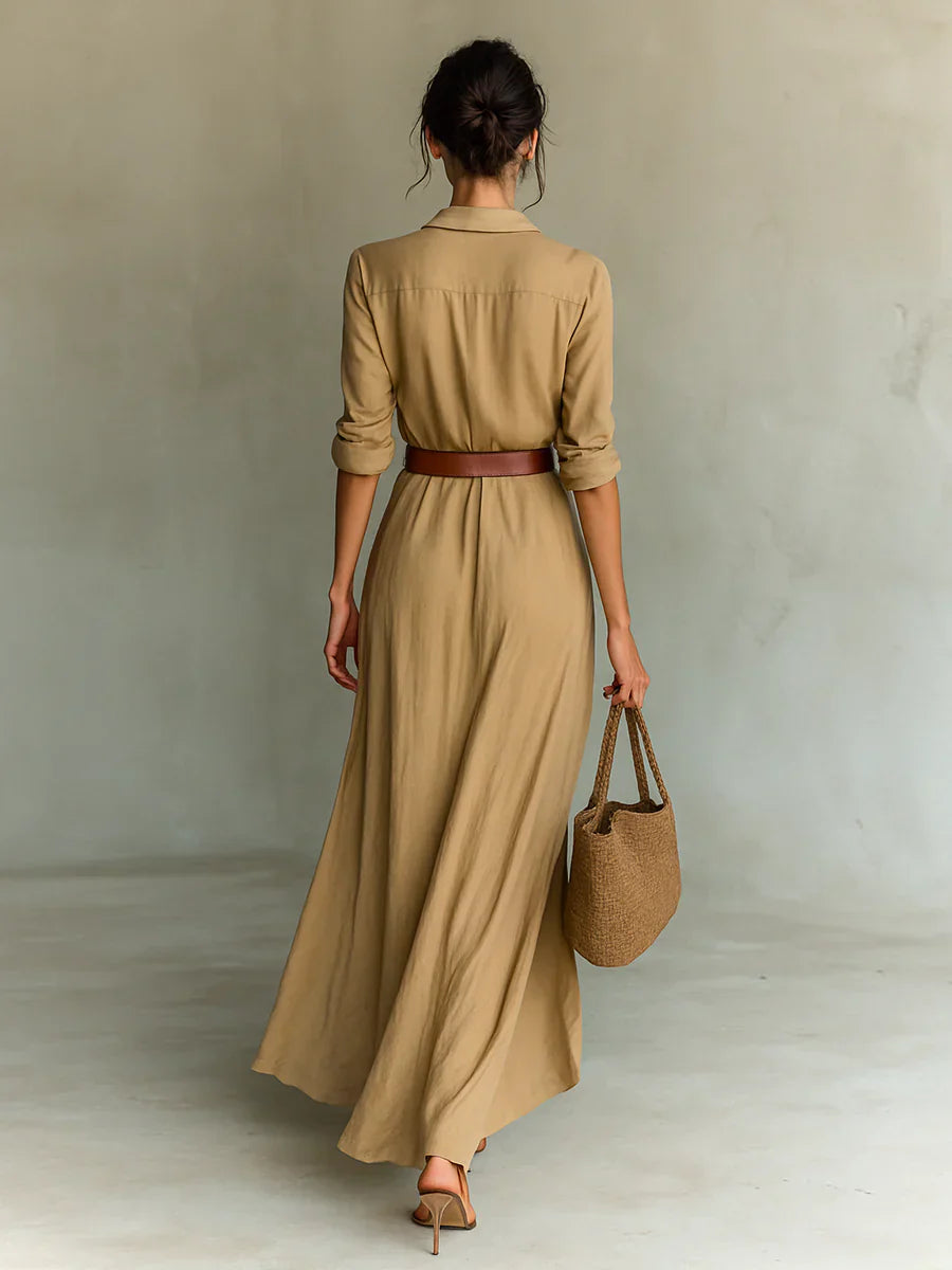 Lydia™ | Belted Maxi Dress with Long Sleeve Lapel