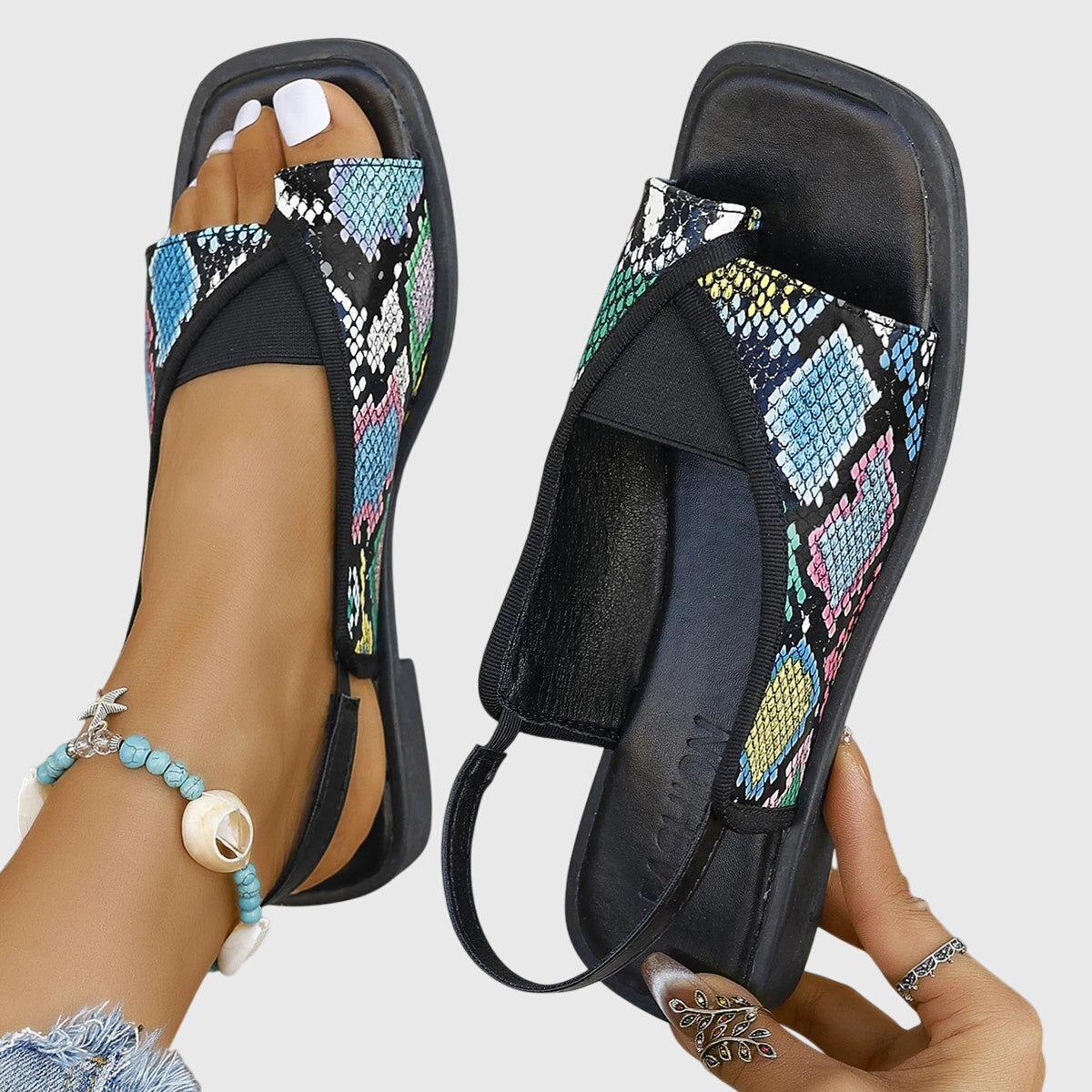 Zara | Women's Colorblock Square Toe Slip-On Flat Sandals