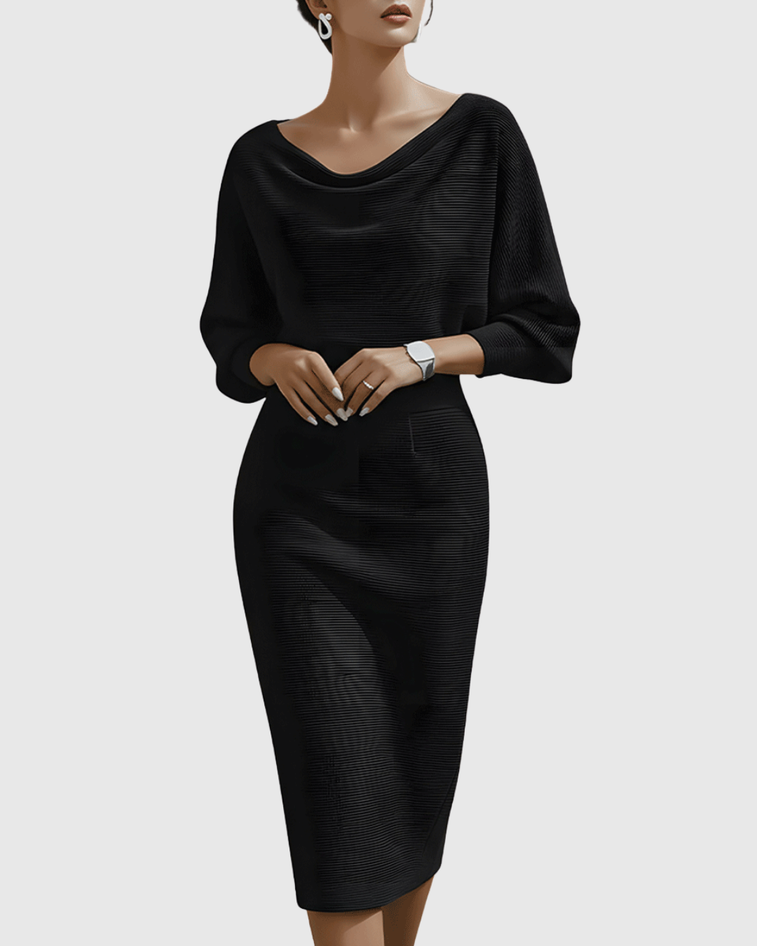 Vivienne | Women's Ribbed Midi Dress with Cowl Neck and Batwing Sleeves