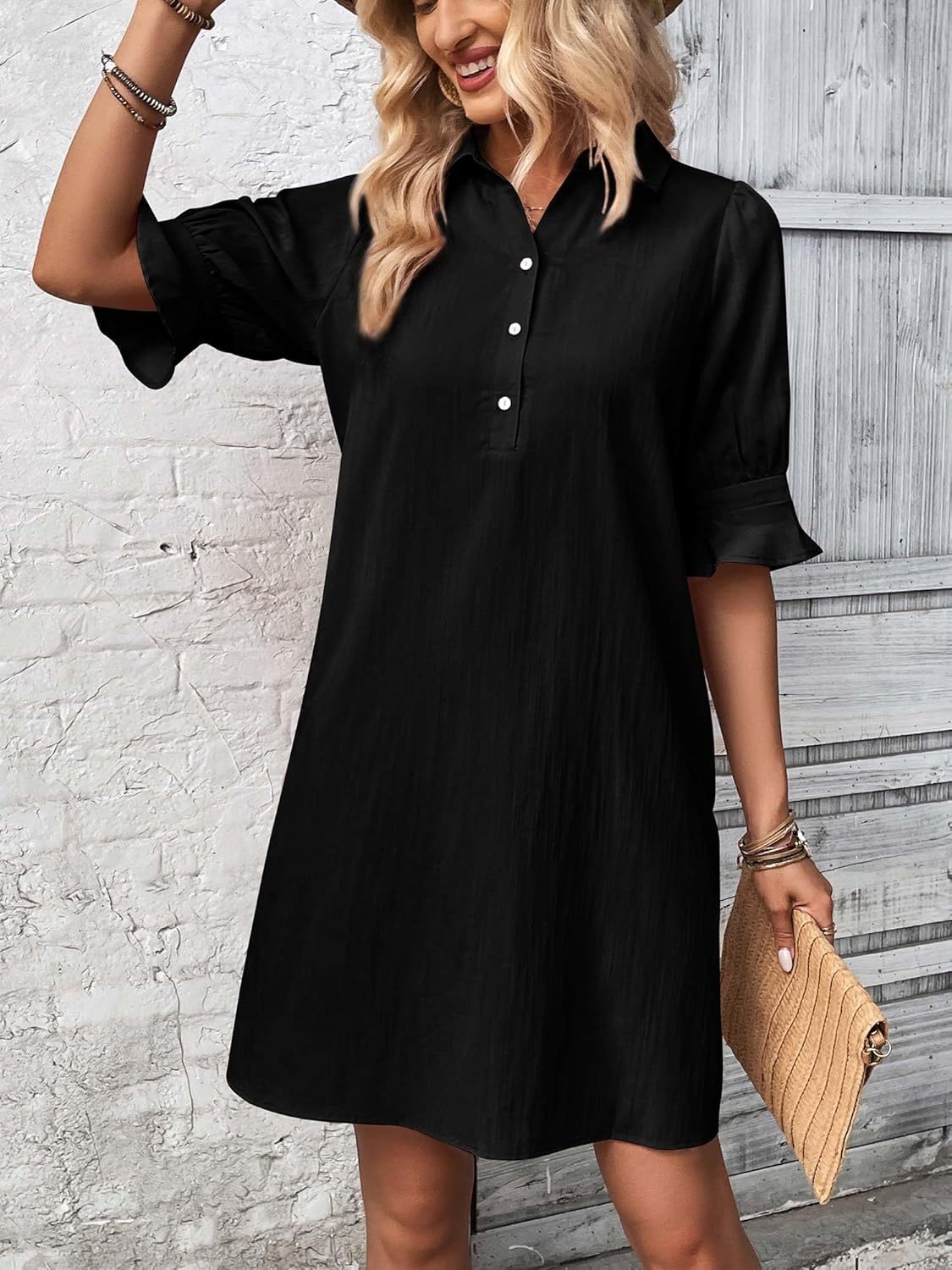 Harper | Women's Knee-Length 3/4 Sleeve Button-Down Shirt Dress