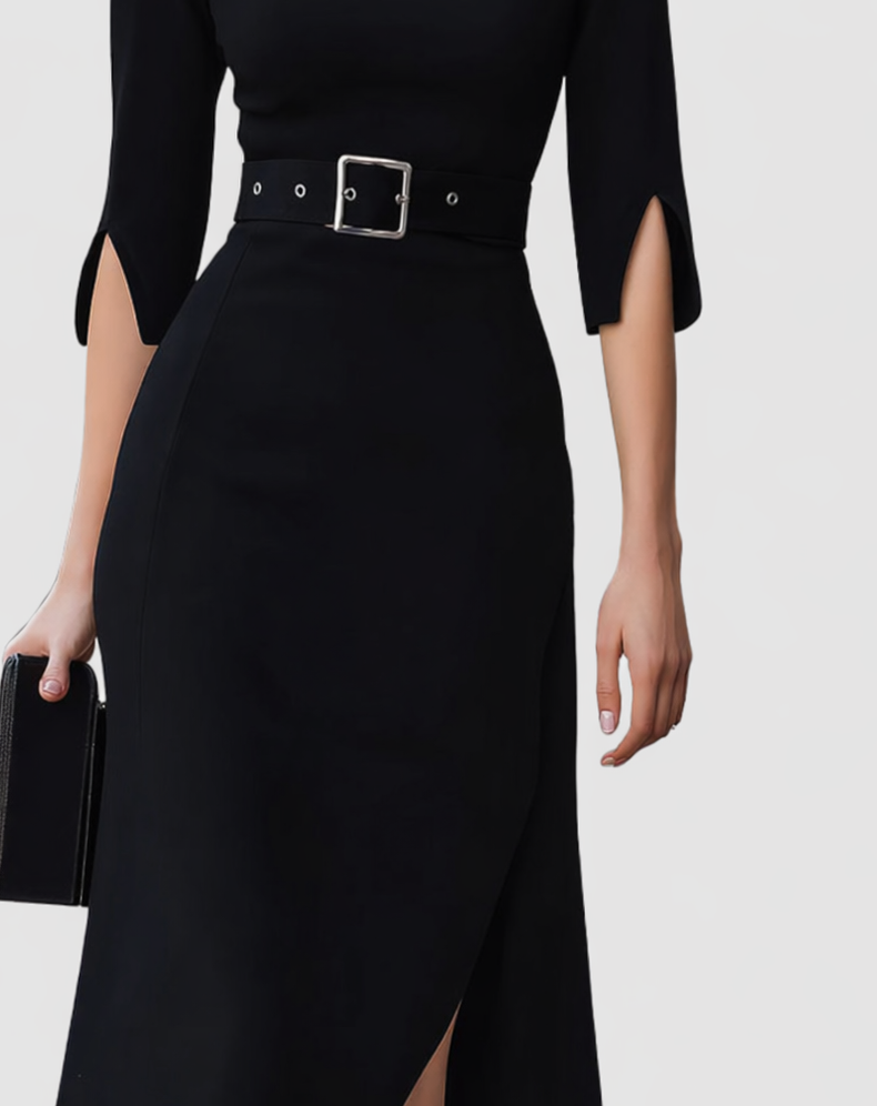 Naomi | Women's Midi Dress with Belted Mock Neck and Split Sleeves