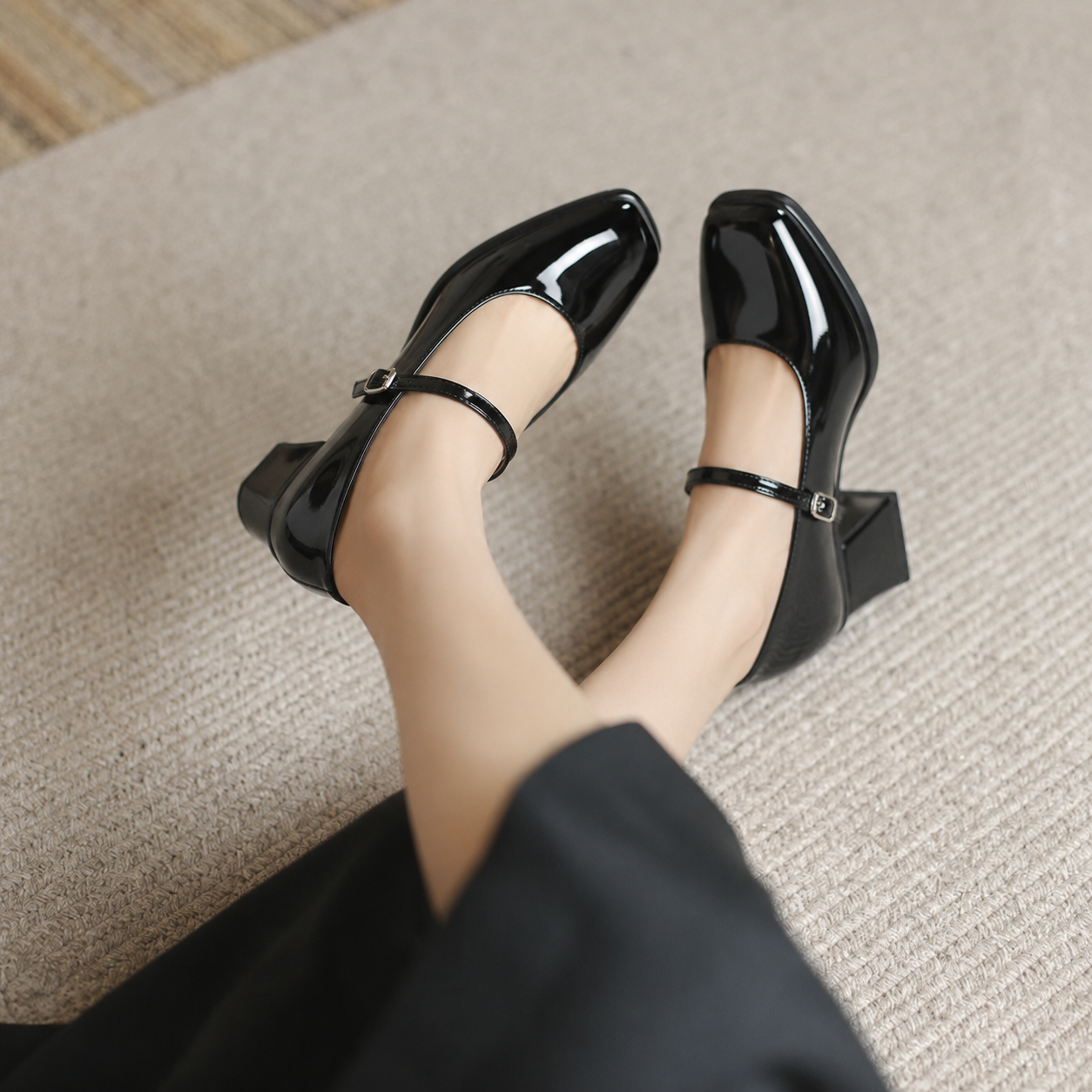 Celeste | Women's Square Toe Mary Jane Pumps with Ankle Strap and Block Heel