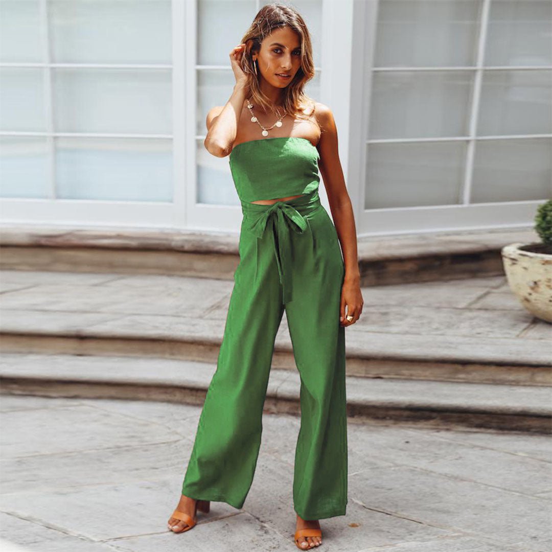 Sandy | Women's Strapless Wide Leg Jumpsuit with Tie Waist