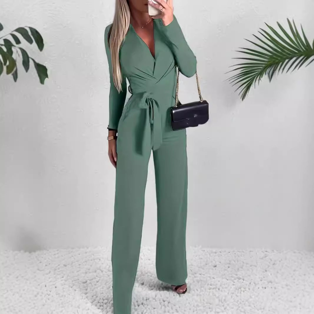 Vivienne | Women's V-Neck Wide Leg Jumpsuit with Tie Waist