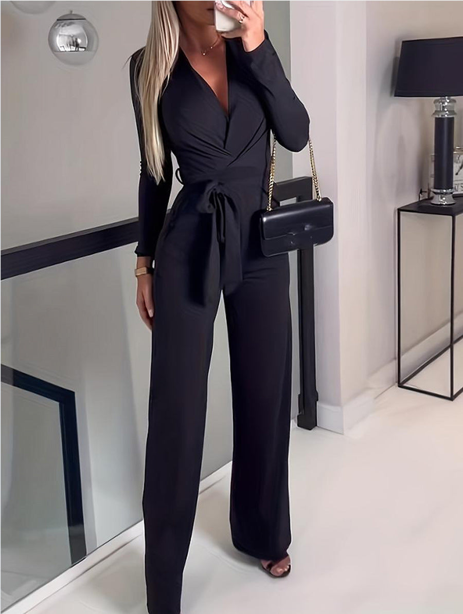 Vivienne | Women's V-Neck Wide Leg Jumpsuit with Tie Waist