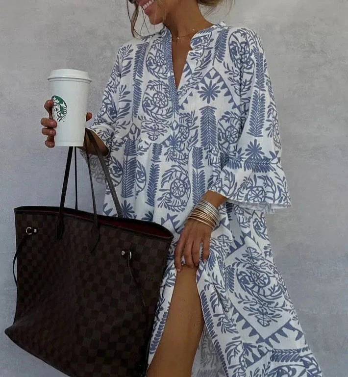 Celeste | Women's Bohemian V-Neck Swing Dress with 3/4 Sleeves
