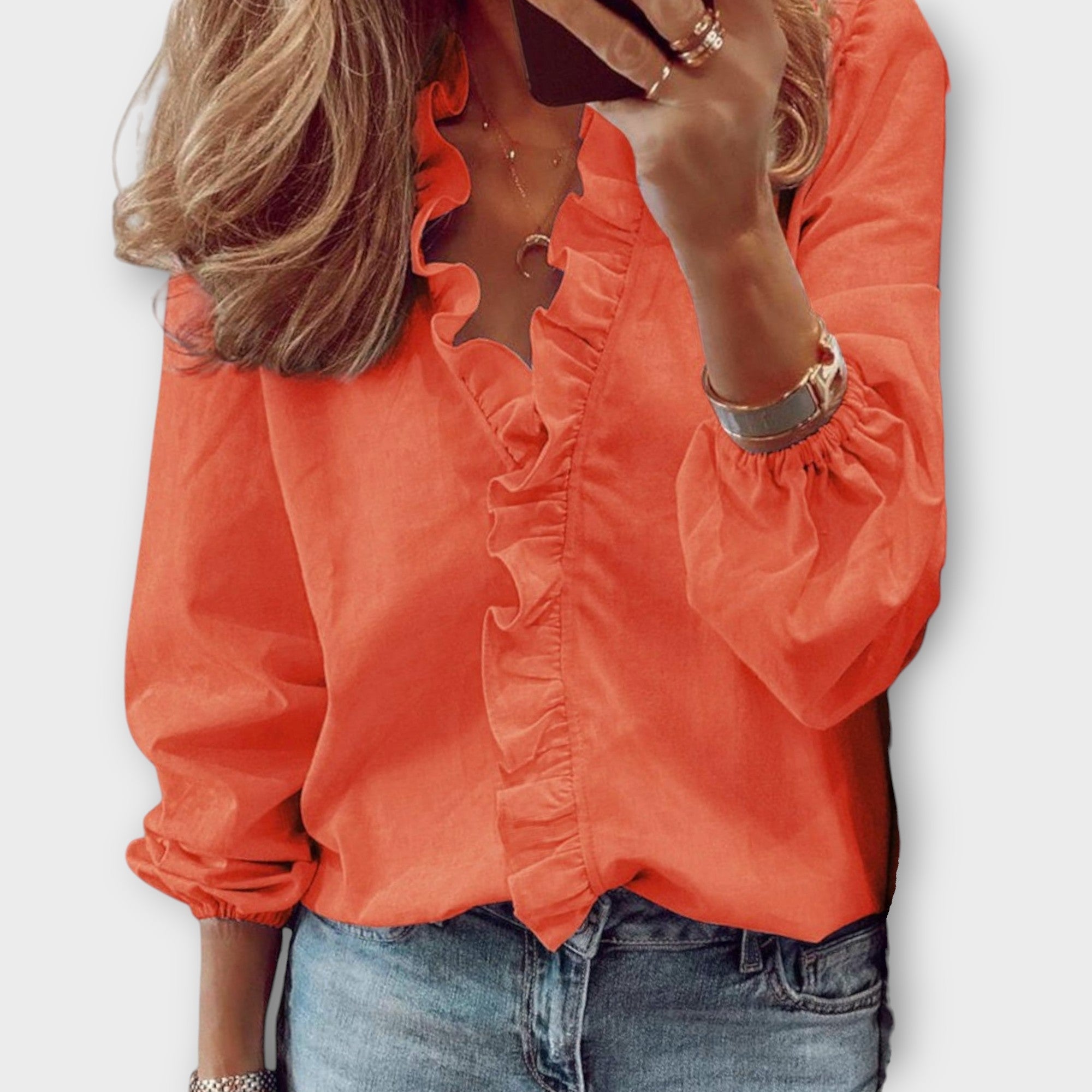 Celeste | Women's Long Sleeve Blouse with Ruffle Front and V-Neck