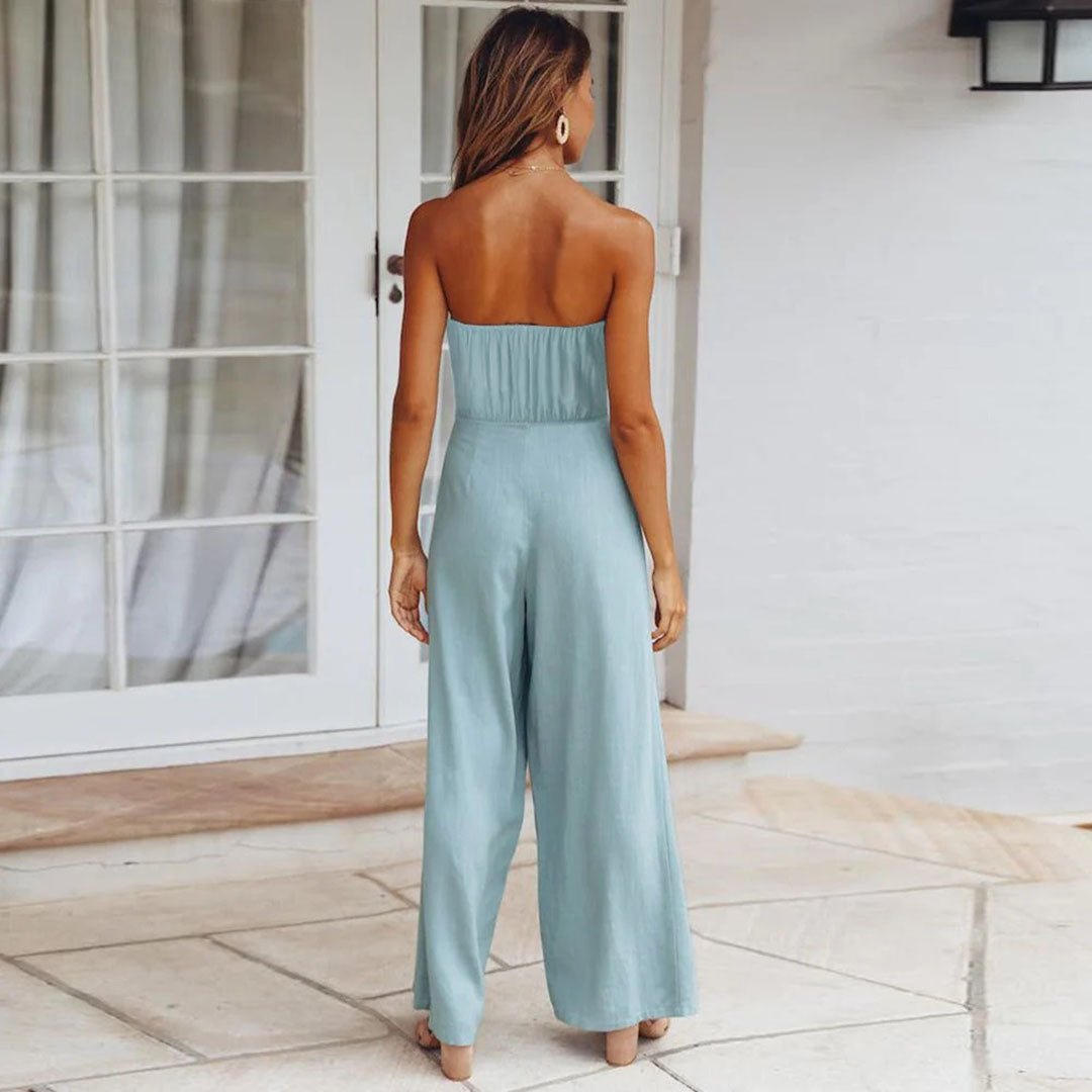Sandy | Women's Strapless Wide Leg Jumpsuit with Tie Waist
