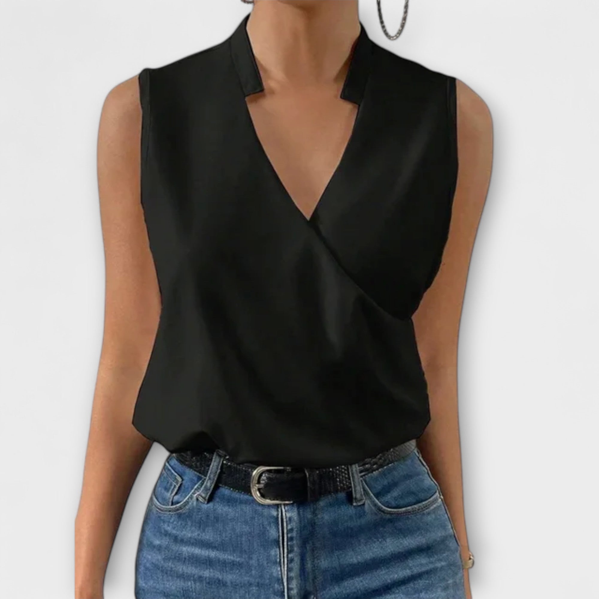 Nina | Women's Collared Sleeveless Wrap V-Neck Blouse