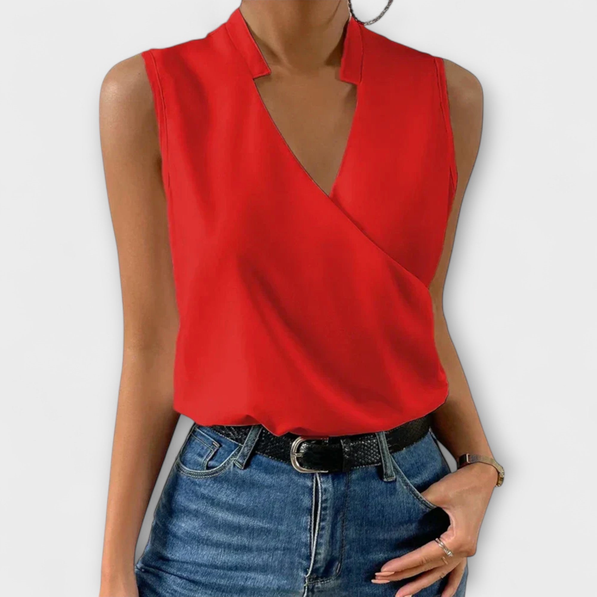 Nina | Women's Collared Sleeveless Wrap V-Neck Blouse