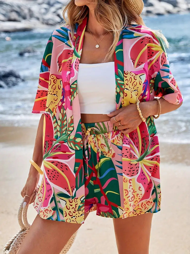 Clea | Women's Floral Kimono Cardigan & Shorts Set