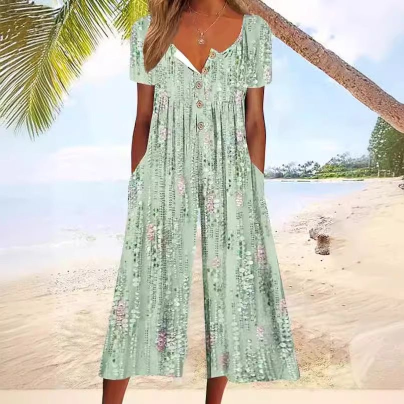 Lagoon | Women's V-Neck Short Sleeve Jumpsuit with Leaf Print and Wide Legs