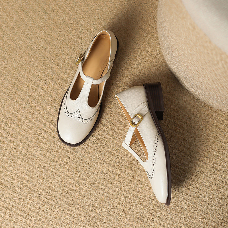 Nadine | Women's Leather T-Strap Mary Jane Shoes with Low Block Heel