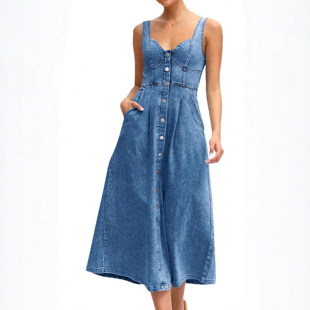 Cindy™ | Timeless Sleeveless Denim Dress with Button Front