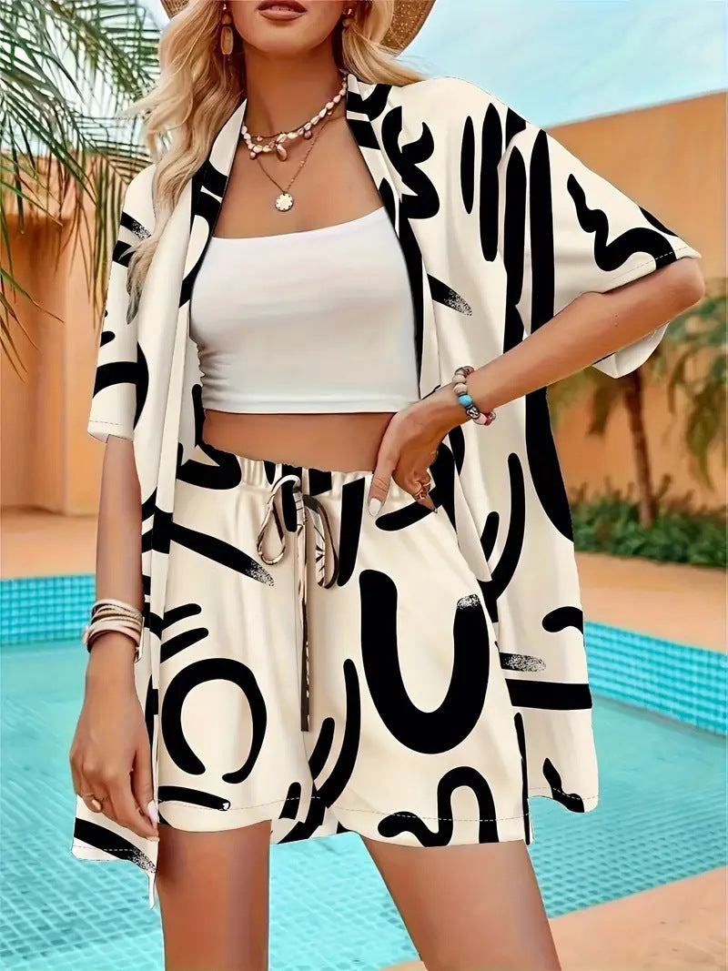 Clea | Women's Floral Kimono Cardigan & Shorts Set
