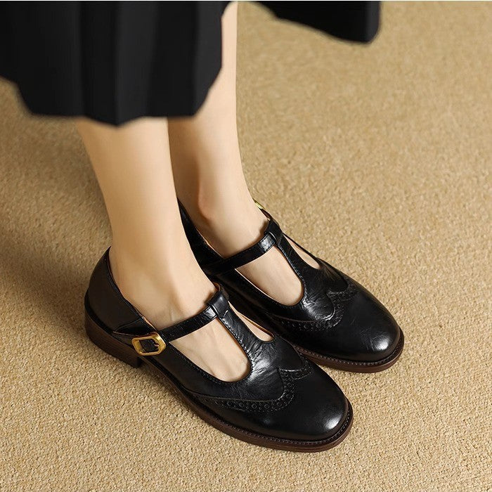 Nadine | Women's Leather T-Strap Mary Jane Shoes with Low Block Heel