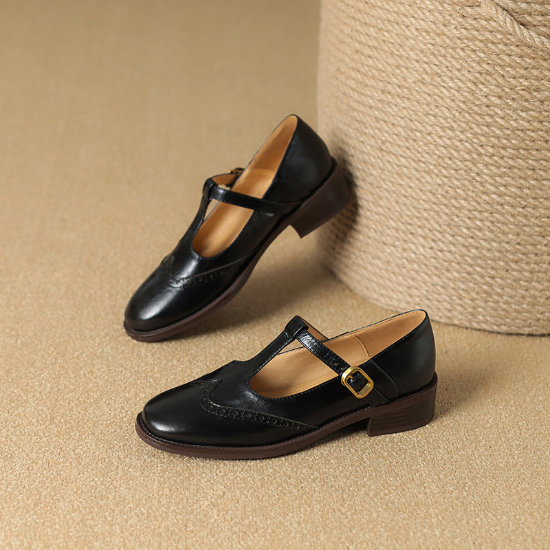 Nadine | Women's Leather T-Strap Mary Jane Shoes with Low Block Heel
