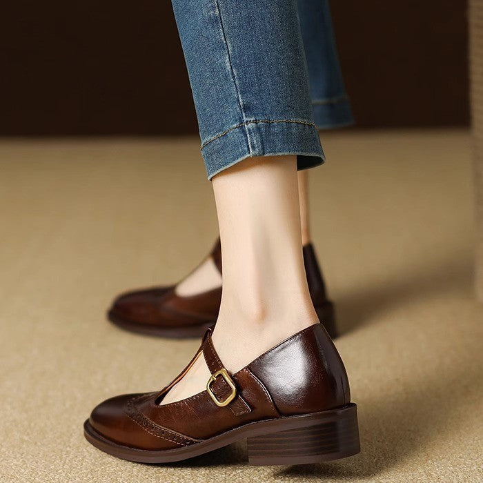 Nadine | Women's Leather T-Strap Mary Jane Shoes with Low Block Heel