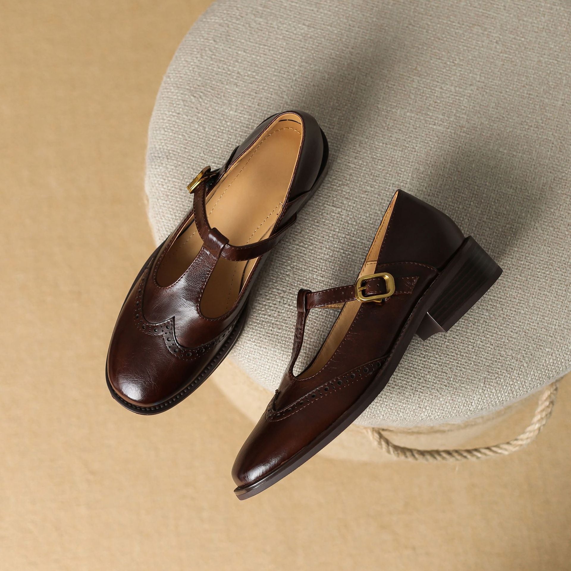 Nadine | Women's Leather T-Strap Mary Jane Shoes with Low Block Heel