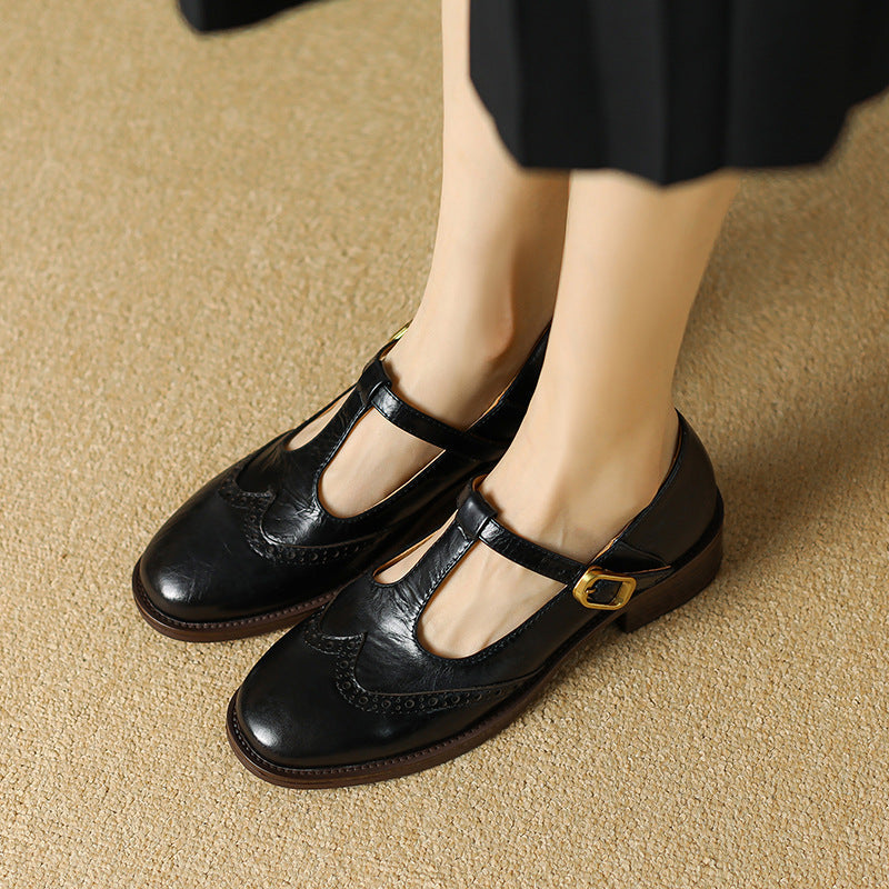 Nadine | Women's Leather T-Strap Mary Jane Shoes with Low Block Heel