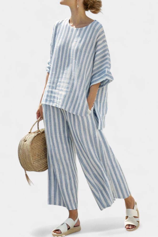 Marina | Women's Striped Casual Top with Wide-Leg Pants Set