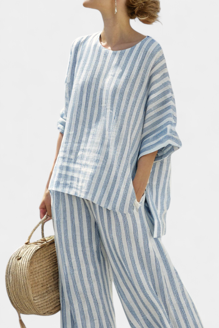 Marina | Women's Striped Casual Top with Wide-Leg Pants Set