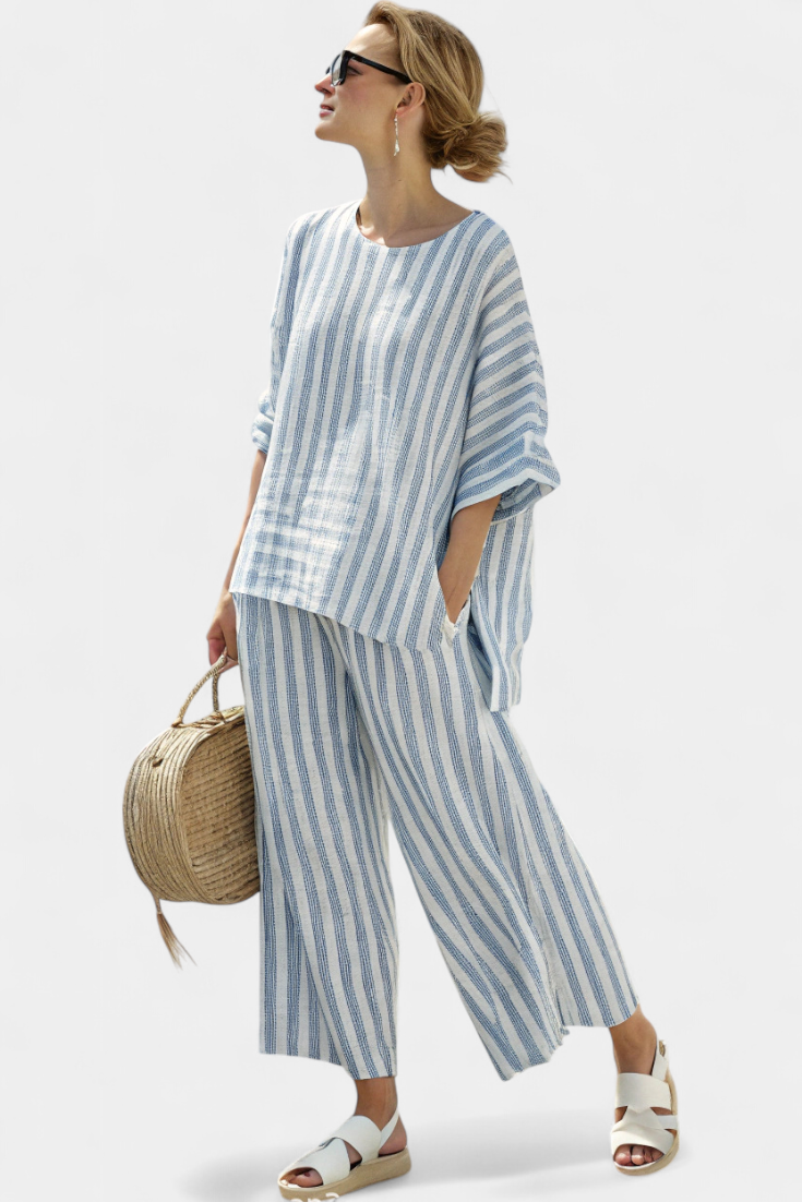 Marina | Women's Striped Casual Top with Wide Leg Pants Ensemble