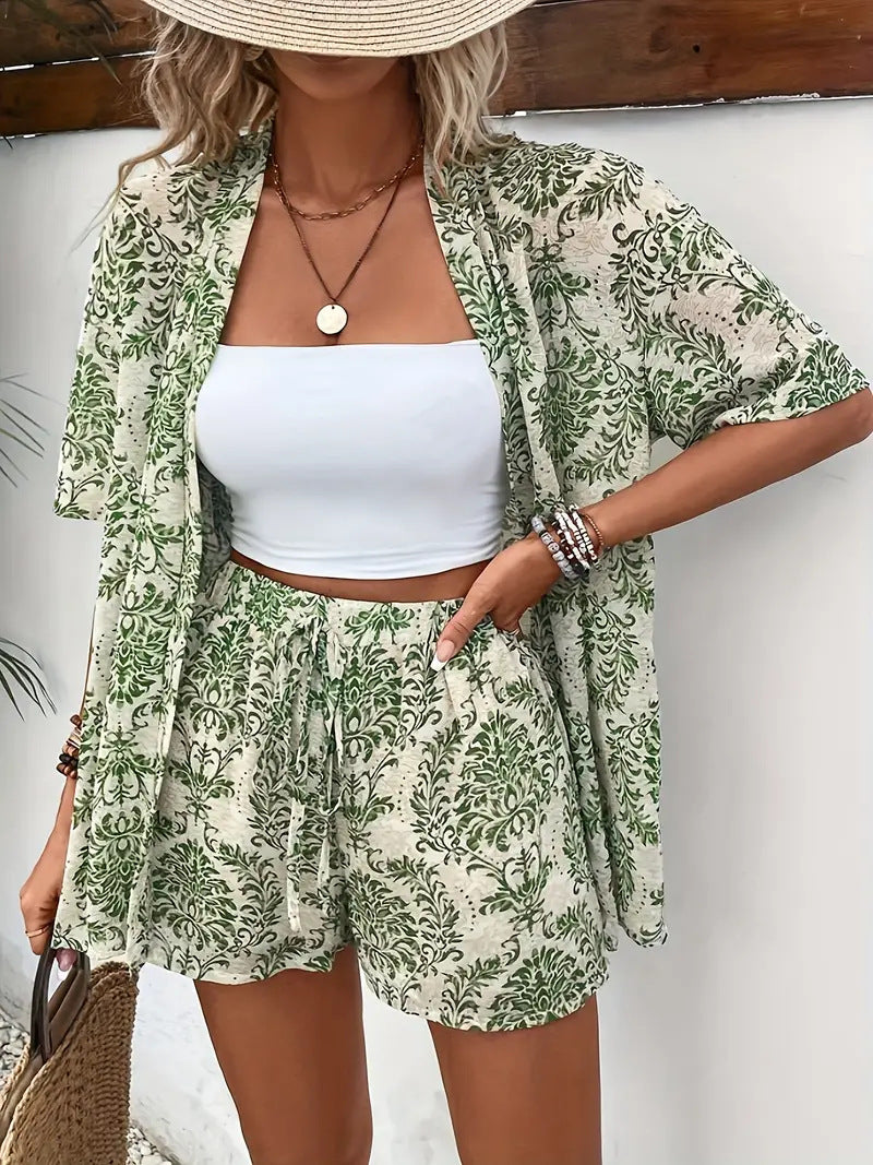 Clea | Women's Floral Kimono Cardigan & Shorts Set