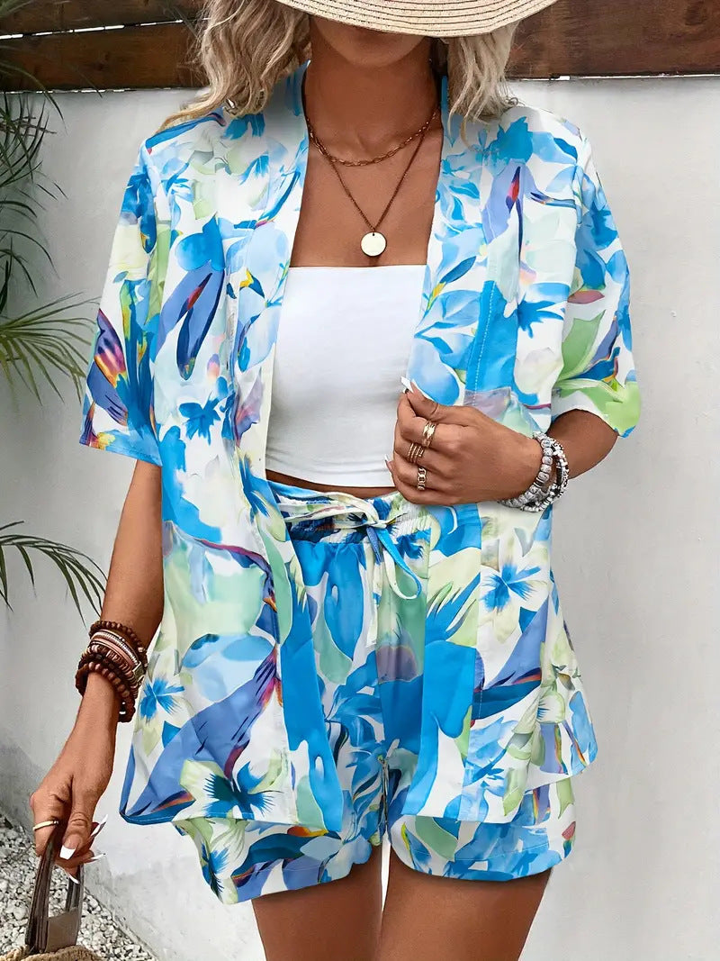 Clea | Women's Floral Kimono Cardigan & Shorts Set