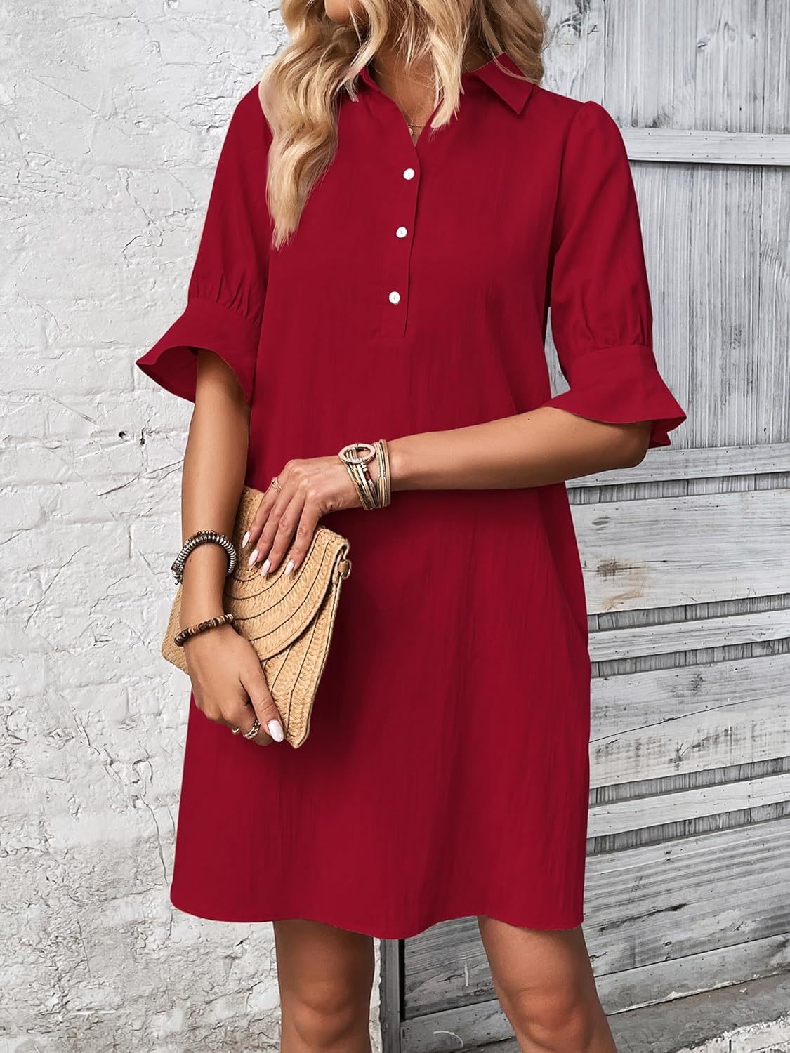 Harper | Women's Knee-Length 3/4 Sleeve Button-Down Shirt Dress