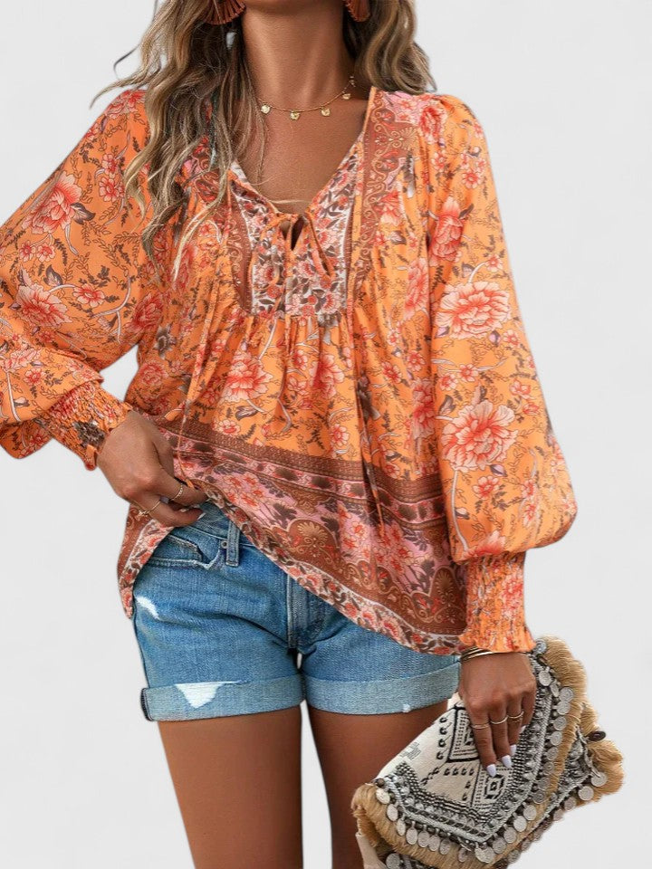 Sienna | Women's Bohemian Floral V-Neck Blouse with Puff Sleeves