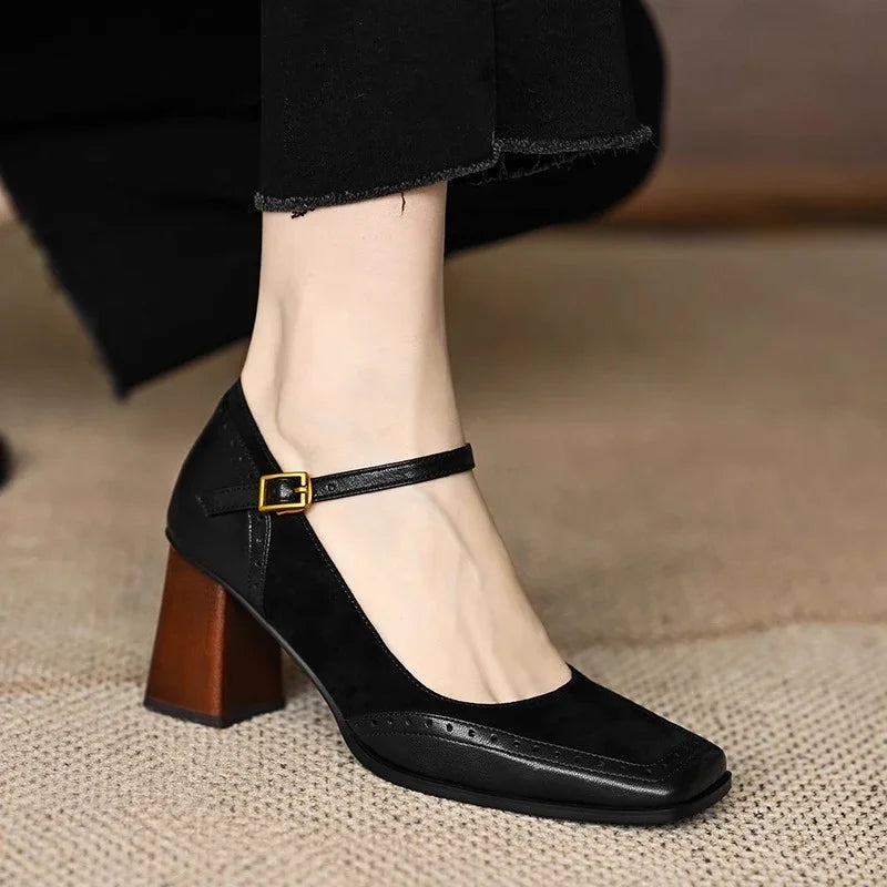 Constance | Women's Ankle Strap Brogue Pumps with Square Toe and Block Heel