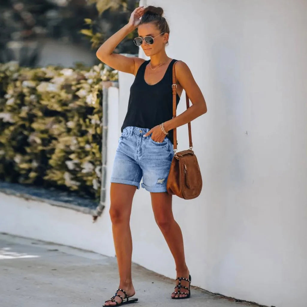 Scout | Women's Distressed High-Waist Denim Shorts with Rolled Hem
