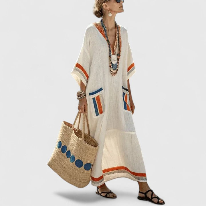 Sage | Women's Striped Linen Maxi Dress with V-Neck and Pockets