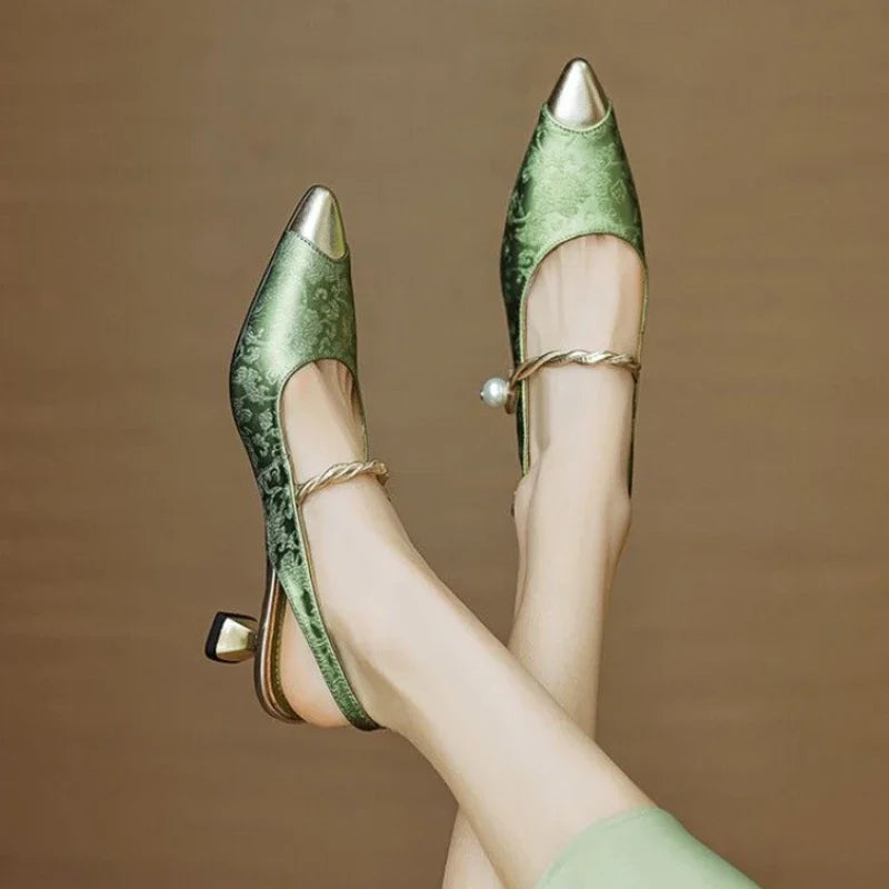 Fleur | Women's Pointed Toe Slingback Kitten Heels with Pearl Strap