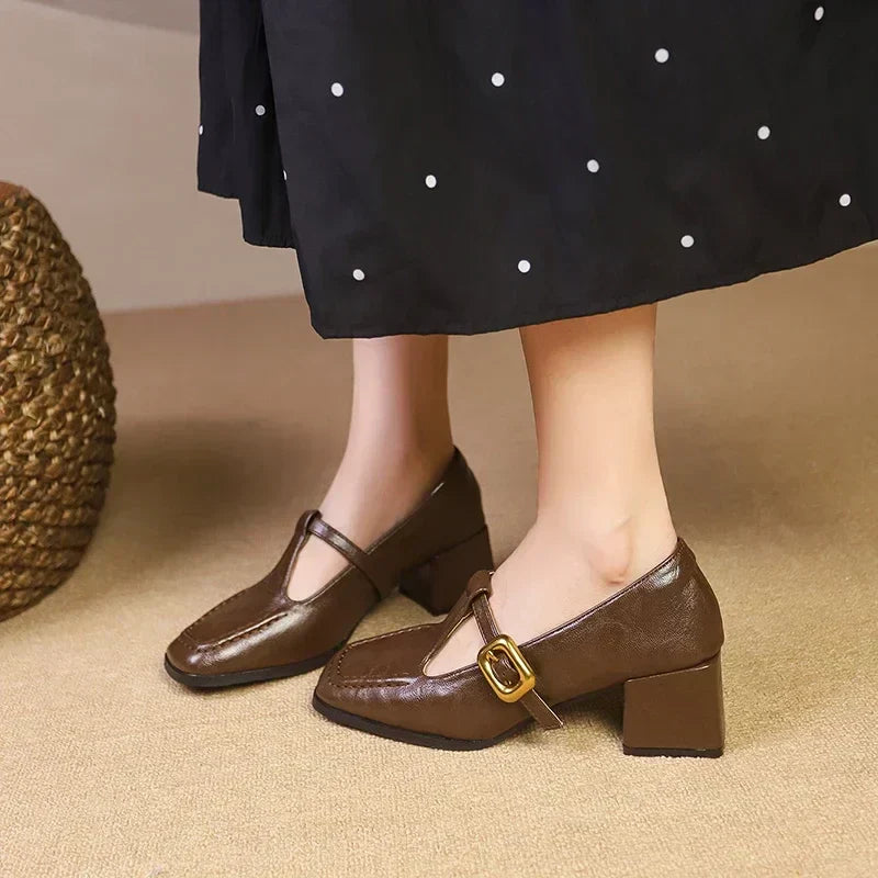 Odette | Women's Square Toe Mary Jane Block Heels with Gold Buckle